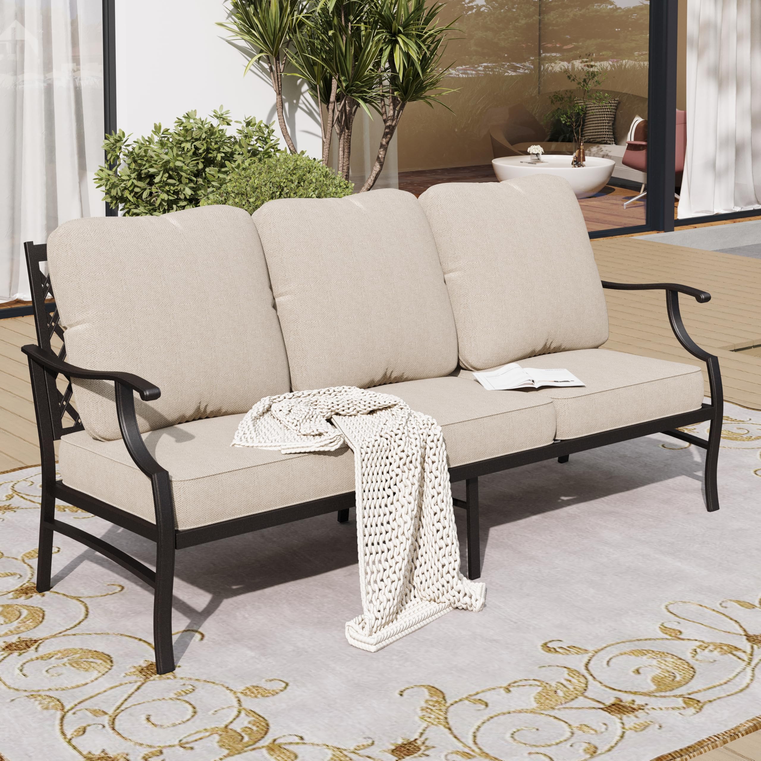 Metal Patio Furniture Sofa with 5.75" Super-Thick Waterproof Cushion