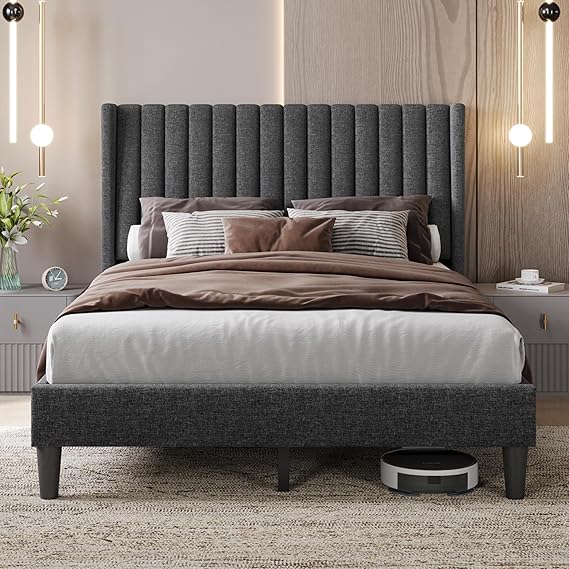 Queen Upholstered Platform Bed Frame with Fabric Headboard - Black