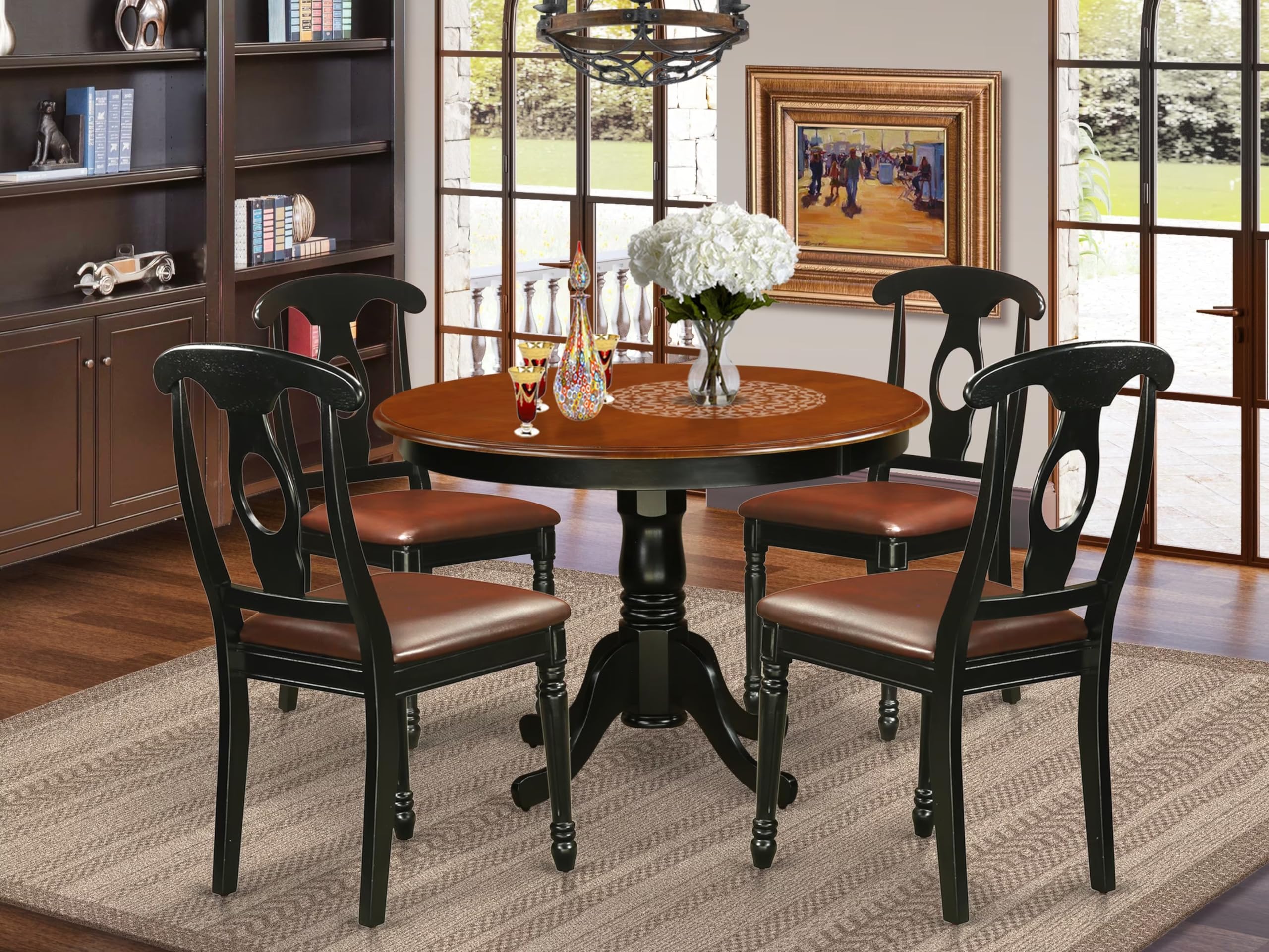 5-Piece Round Dining Table Set with Pedestal Base and Upholstered Chairs