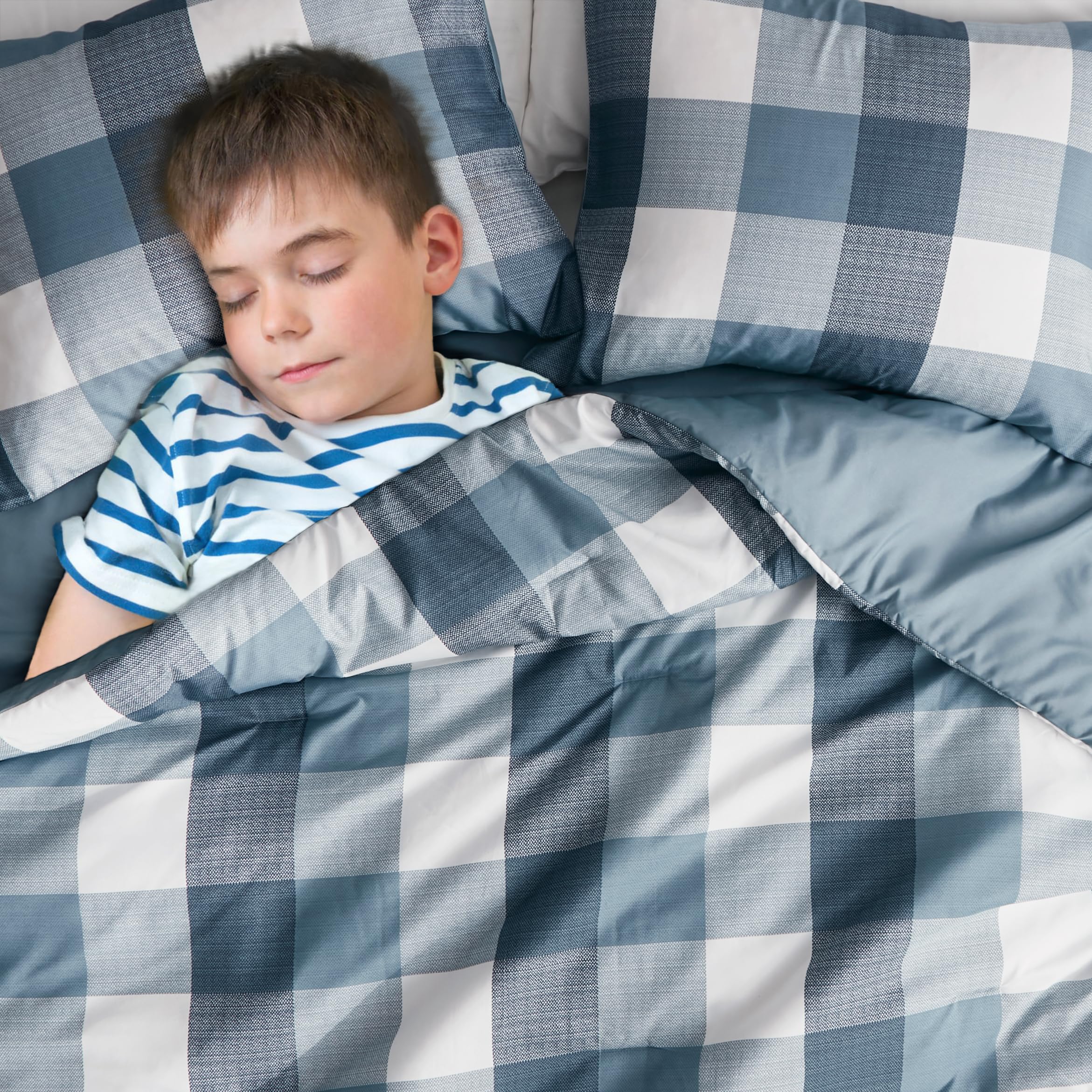 Plaid Twin Comforter Set for Teen, Farmhouse Comforter Twin Size Bed, Blue and White Comforter, Grid Buffalo Lightweight 3 Pieces Bed Sets Includes 1 Comforter, 1 Shams (66 x 90 Inch)