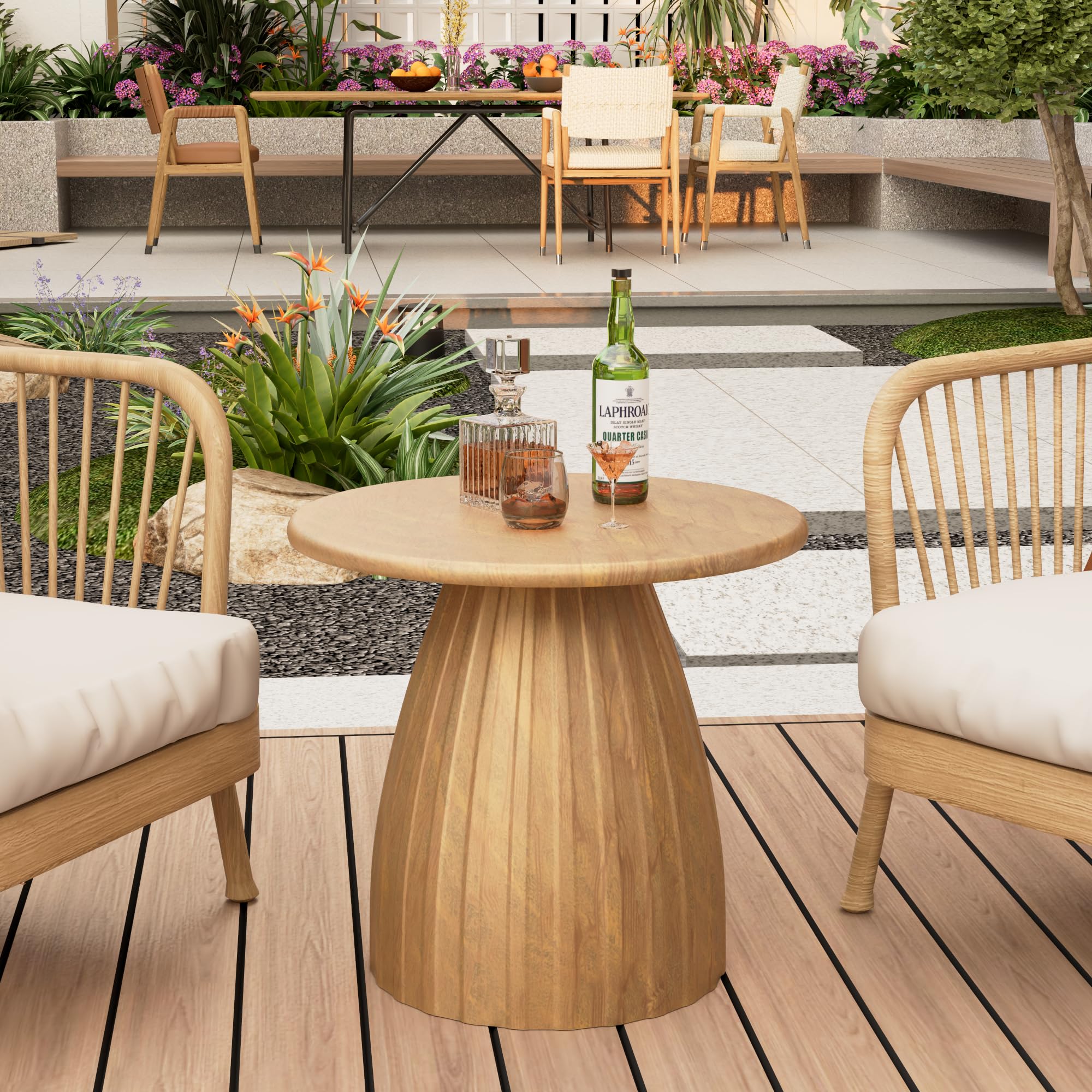 Metal Small Patio Table, Round Outdoor Side Table, Wood Color Outdoor Accent