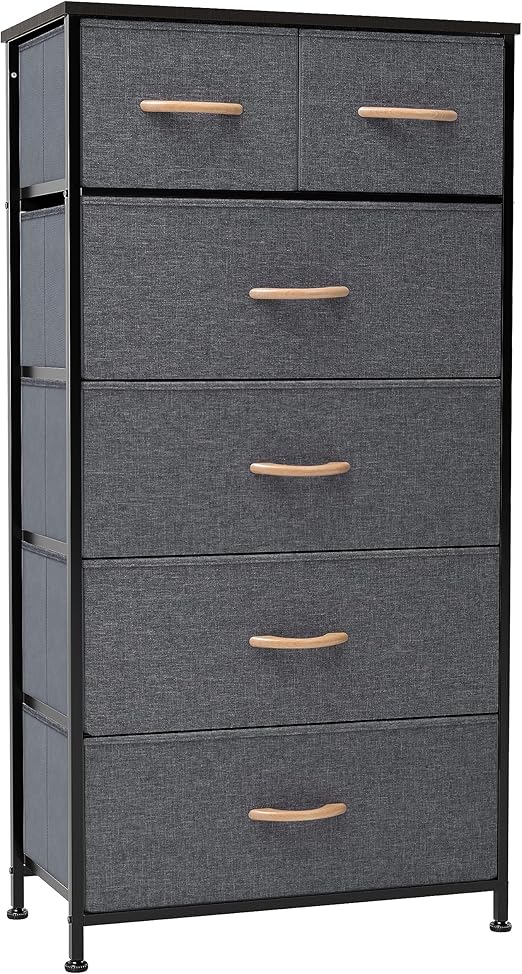 Vertical Dresser Storage Tower - Sturdy Steel Frame, Wood Top, Easy Pull Fabric Bins