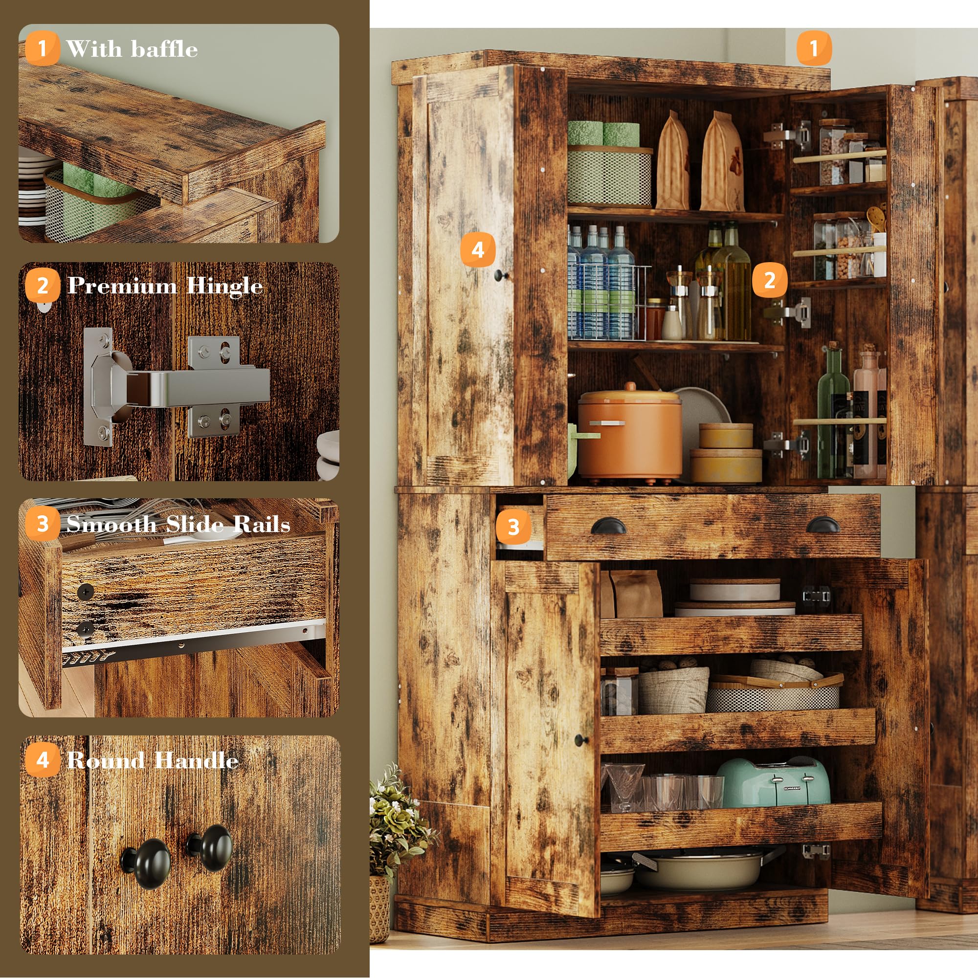 IRONCK Kitchen Pantry Cabinet with Sliding Storage Rack and 6 Hanging Shelves, 72" Height Tall Freestanding Cupboard for Living Room, Dining Room, Laundry, Vintage Brown