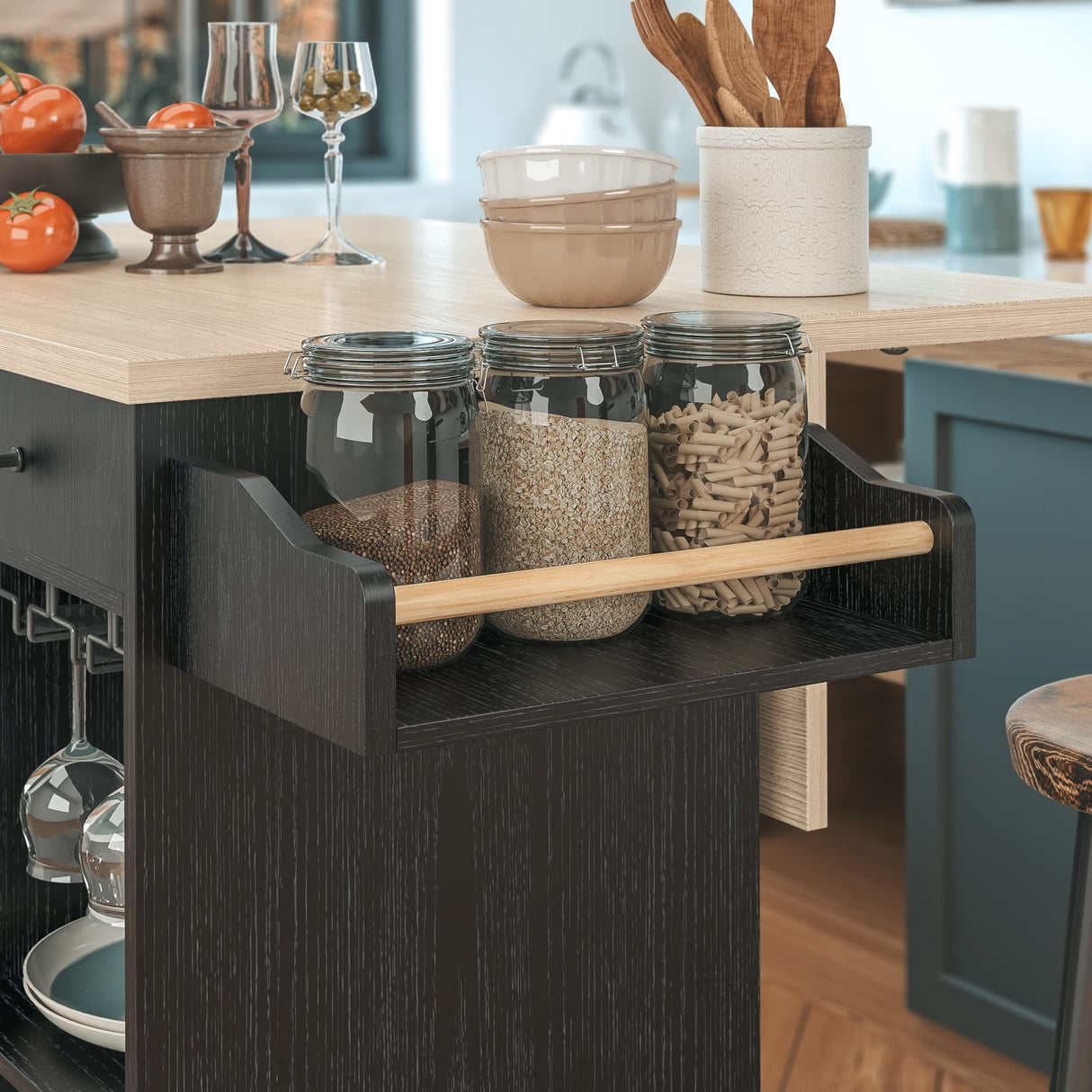 Rolling Kitchen Island Cart with Drop-Leaf and Wine Rack