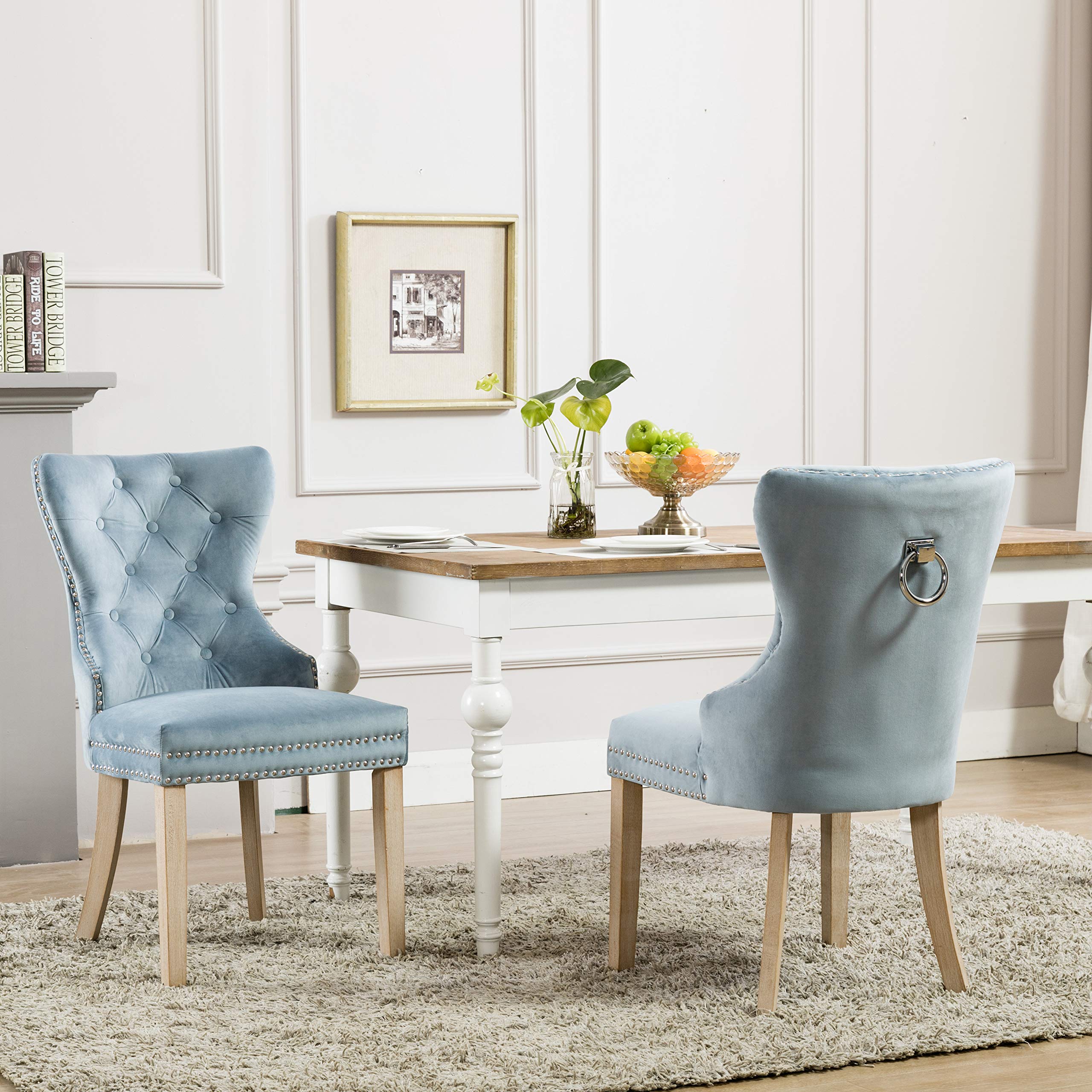 Velvet Fabric Dining Chairs,Upholstered Leisure Padded Accent with Nailed Trim,Set of 2(Blue)