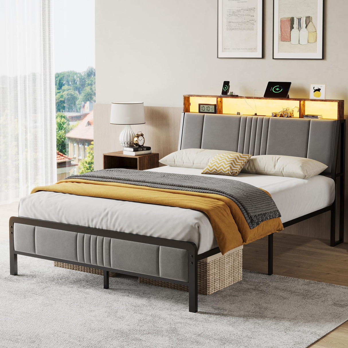 Full Size Upholstered Platform Bed with LED Lights and Charging Station