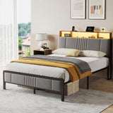 Full Size Upholstered Platform Bed with LED Lights and Charging Station