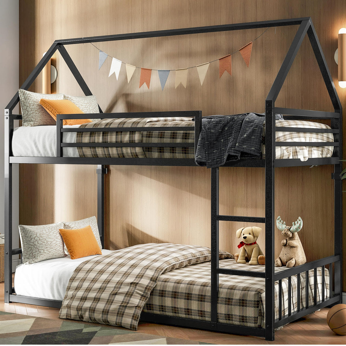 Bunk Bed Twin Over Twin, House Bunk Bed Frame with Ladder and Guardrail