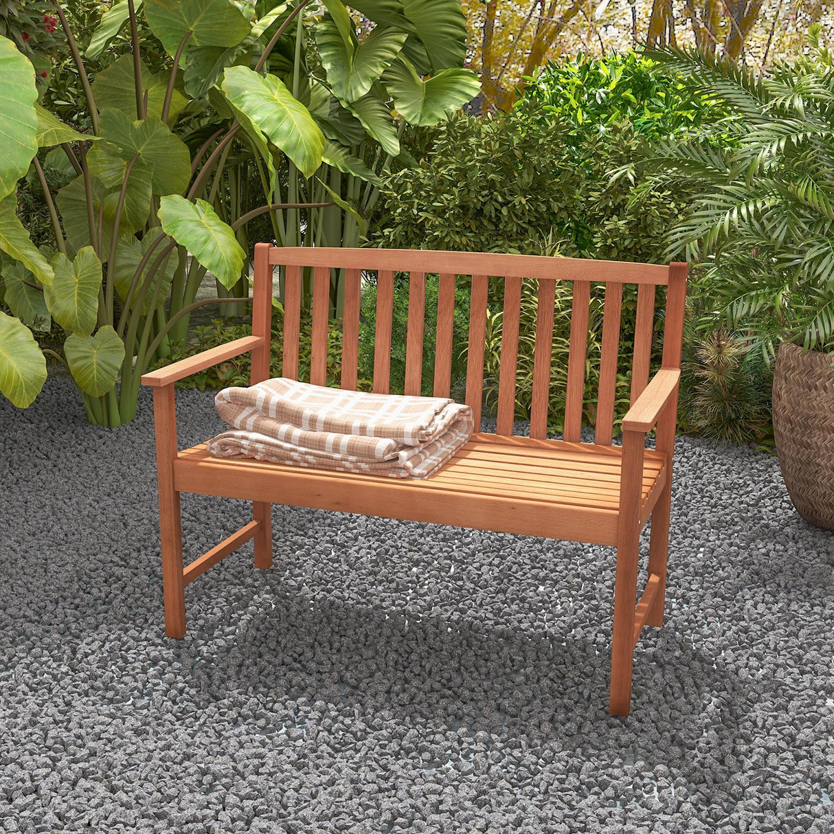 Outdoor Bench, Wood Patio Bench with Cozy Armrests & Backrest, Slatted Sitting Area