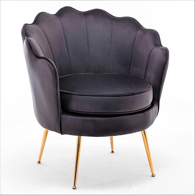 Velvet Barrel Accent Chair with Scalloped Silhouette and Gold Metal Legs, Decorative Piece Suitable for Traditional, Modern, and Contemporary Spaces, Mustard Yellow