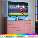 SOOWERY Dresser for Bedroom Led Bedroom Dresser with Charging Station, Tall Dresser with 8 Fabric Chest of Drawers, Dresser for Kids Room, TV Stand for up to 60" TV for Living Room, Pink