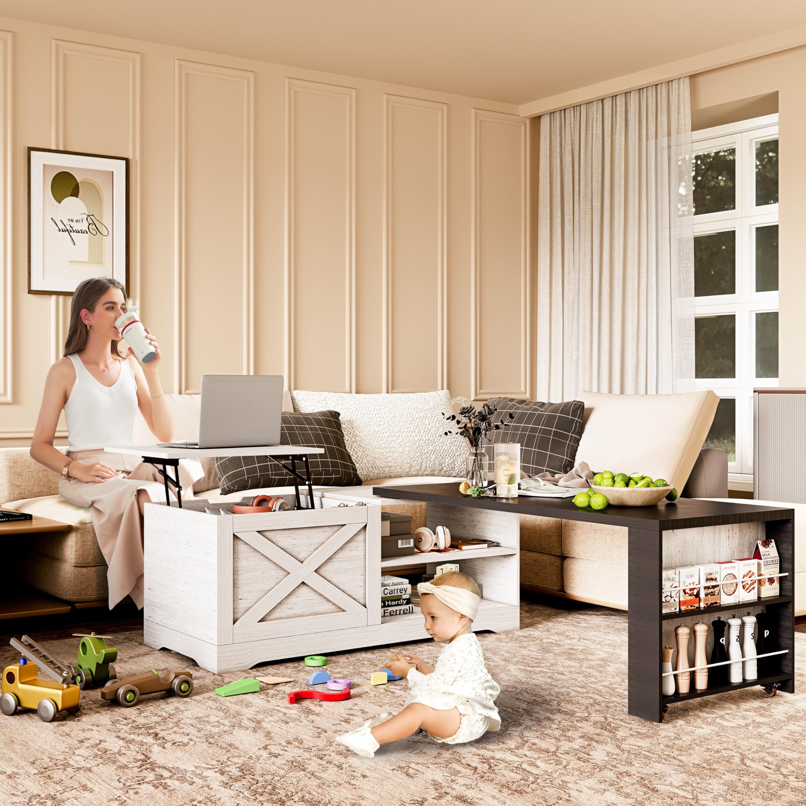 Extendable Coffee Table with Charging Station,Reversible Living Room Table