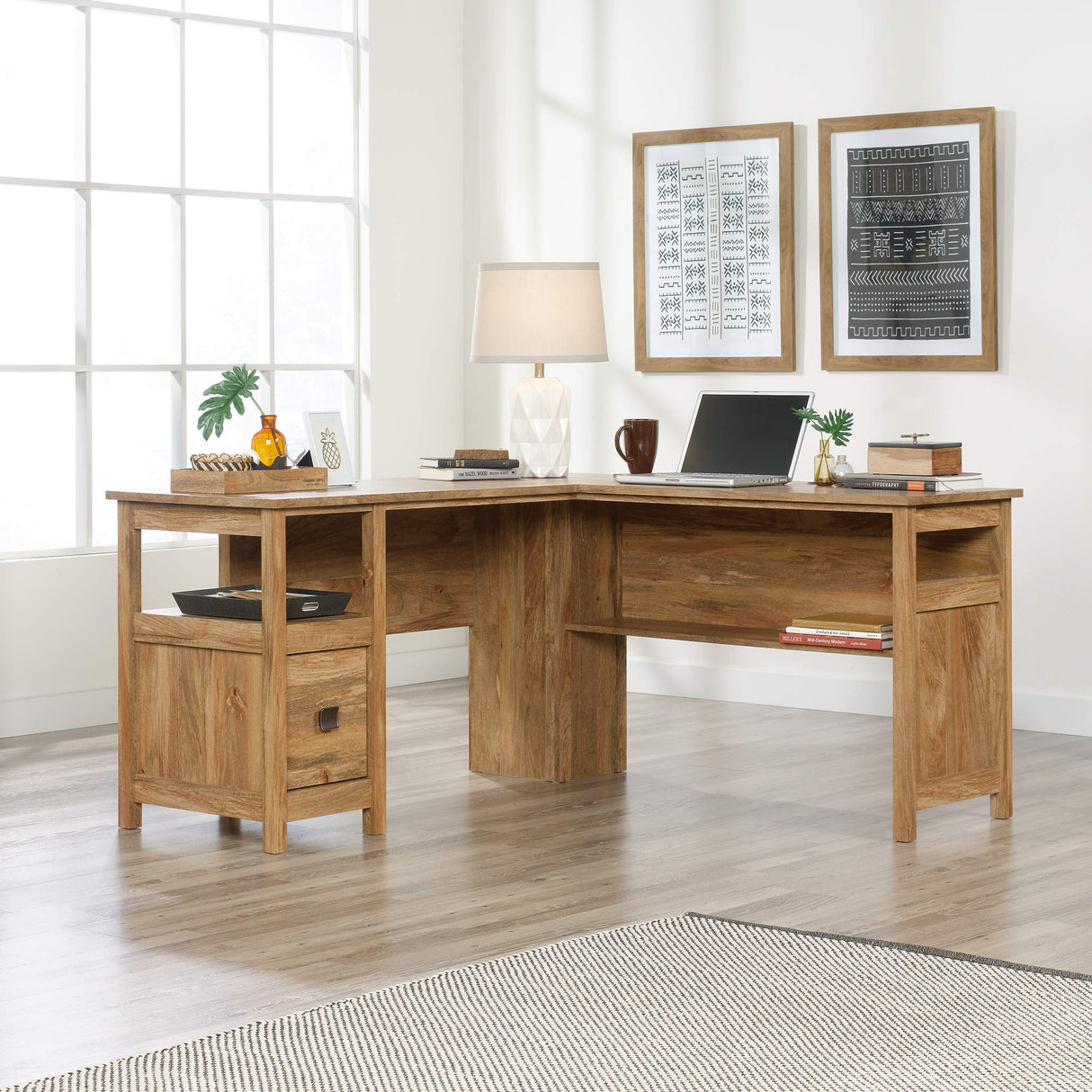 Cannery Bridge L-Shaped Office Desk with Storage Drawer and Self, in Sindoori Mango