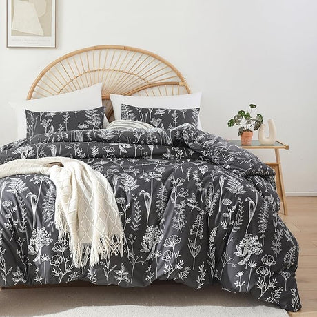 King Size Comforter Set - Floral King Comforter Set, King Size Comforter for All Seasons, 3 Pieces, 1 Comforter (90"x104") & 2 Pillow Cases (20"x36"), Gray