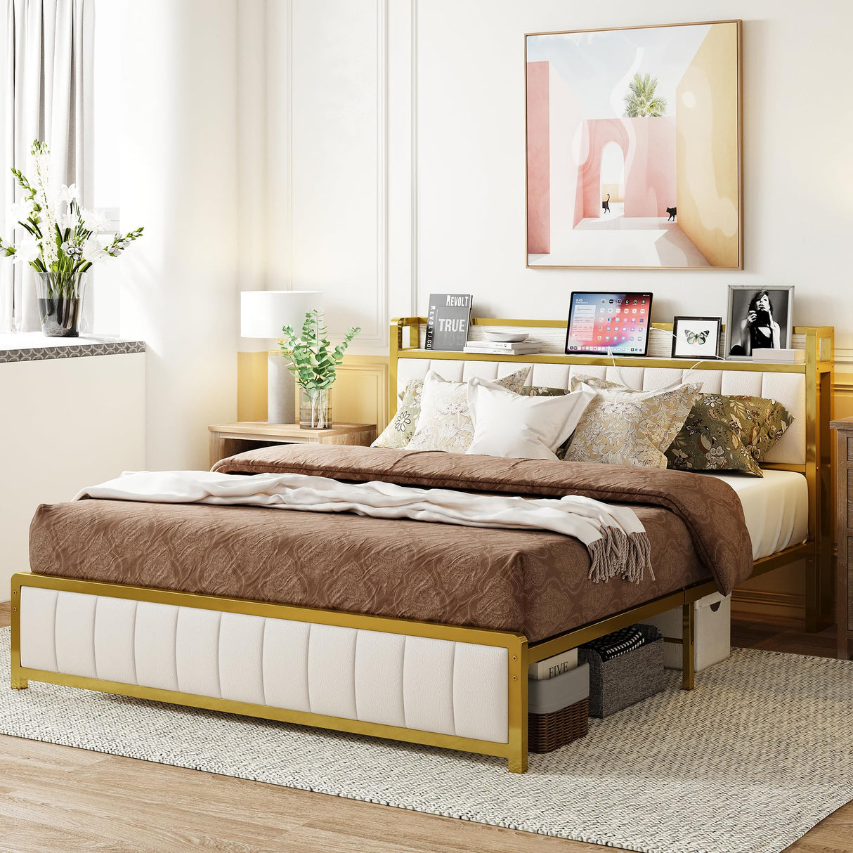 ANCTOR Queen Bed Frames, Storage Headboard with Charging Station, Solid and Stable, Noise Free, No Box Spring Needed, Easy Assembly