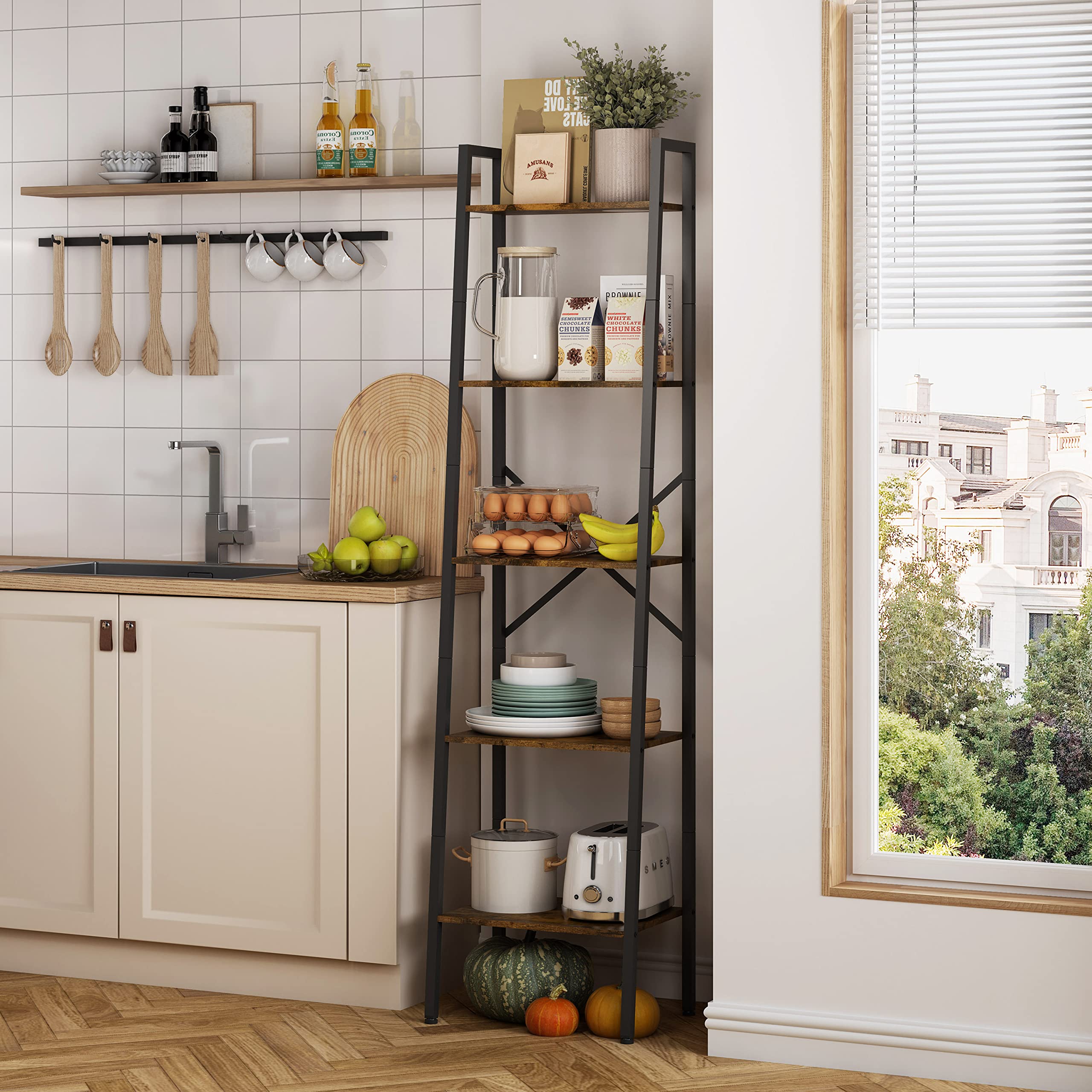 Industrial Ladder Bookshelf, Multifunctional Ladder Shelf