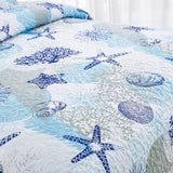 Coastal Quilt Set Queen Size, Blue Ocean Beach Themed Bedding Set Coral