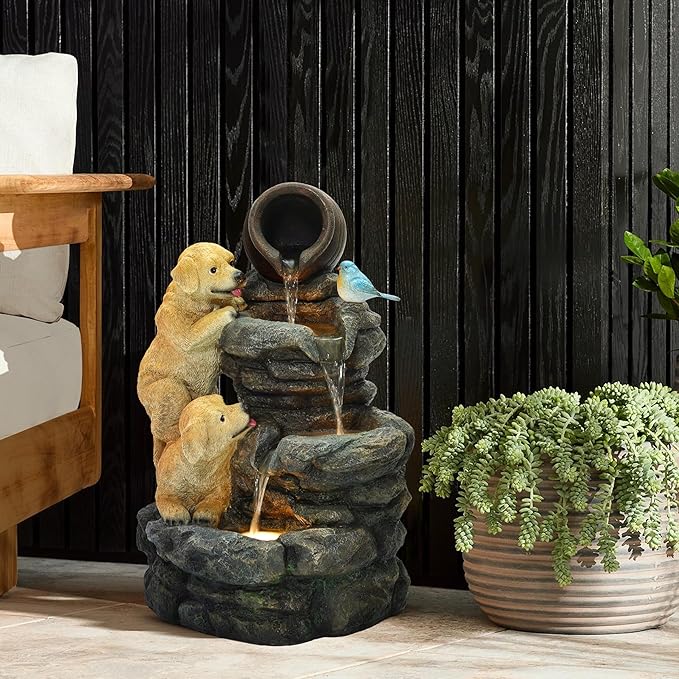 Outdoor Water Fountain, 30 Inch Puppies and Pump Resin Water Fountains Indoor