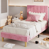 Twin Velvet Upholstered Platform Bed Frame with Headboard - Pink