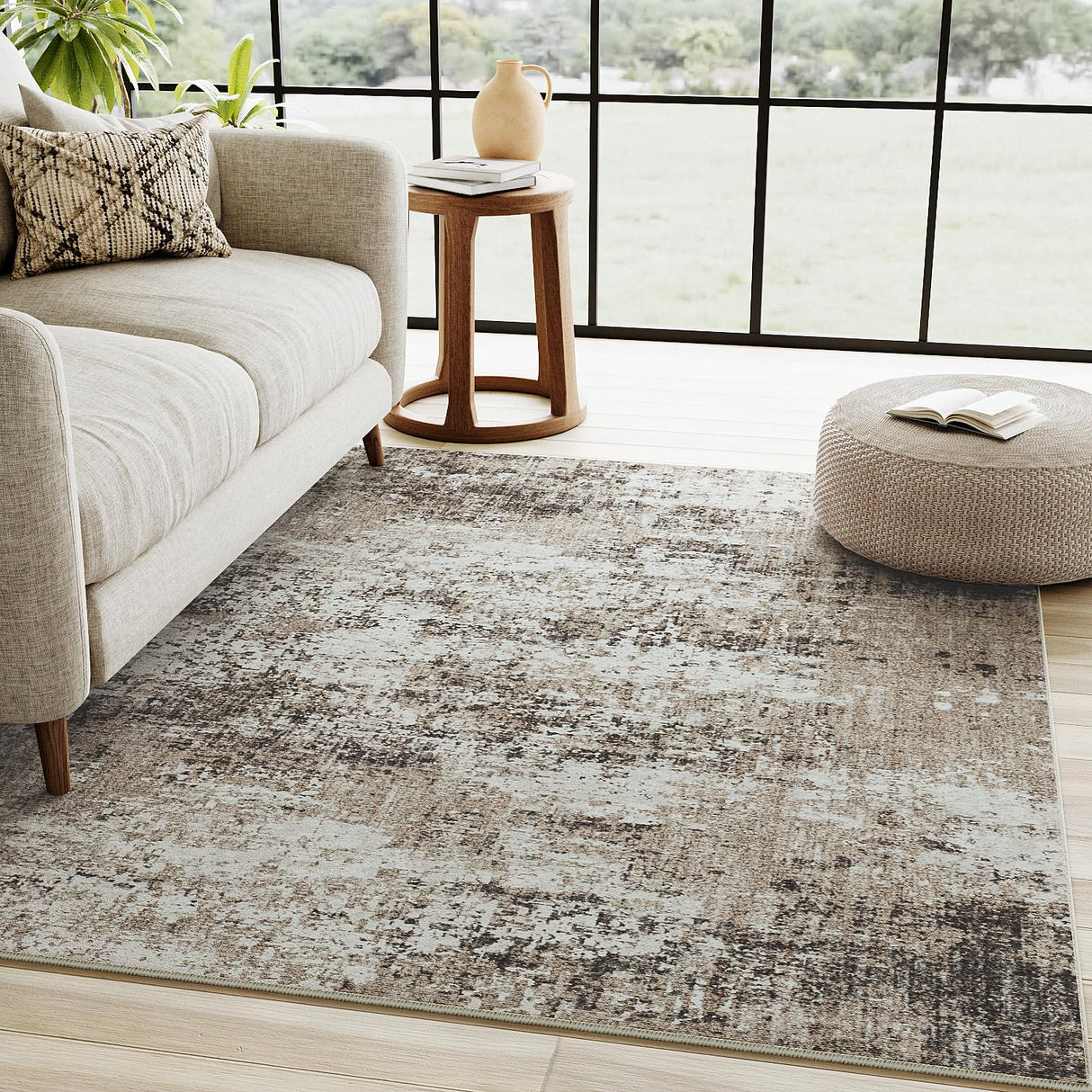 Modern Abstract Taupe Rug 5x7 Machine Washable Living Room Area Rug Kitchen Brown