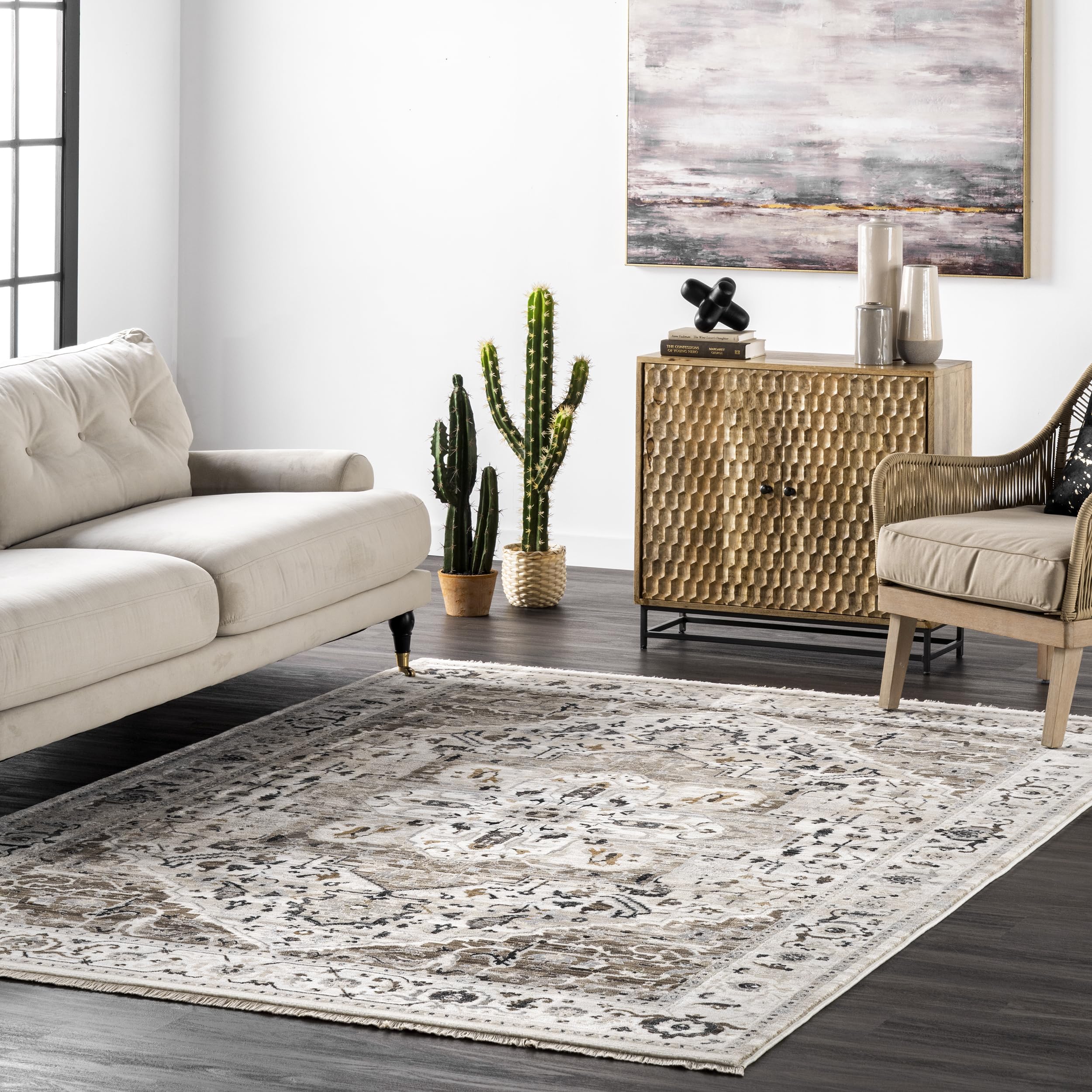 nuLOOM Oliveira Floral Medallion Fringe Area Rug, 8x10, Beige
