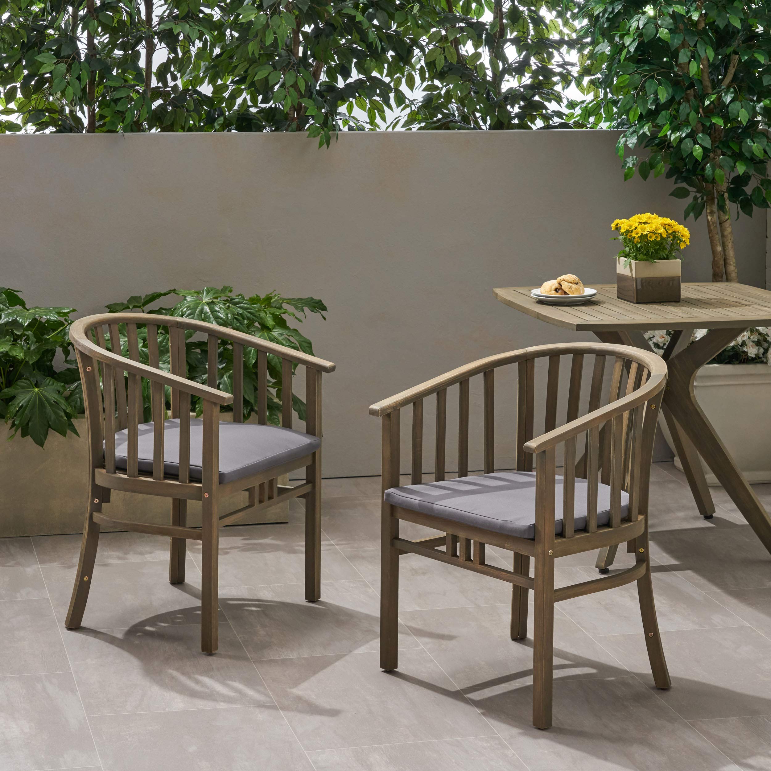 Nola Outdoor Wooden Dining Chairs (Set of 2) with Cushions (Set of 2), Dark Gray and Gray Finish