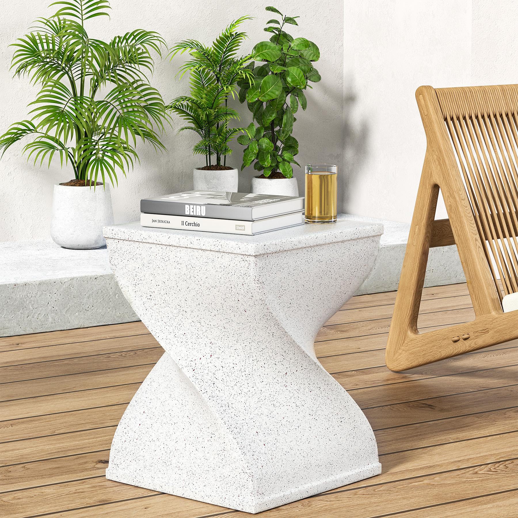 Outdoor Side Table, Concrete End Table, Round Accent Table for Indoor Modern Art Deco, Cement Side Tables for Outside Plant Stand, Artistic Style Tables Garden Stool for Patio (White - Square) - Bircata