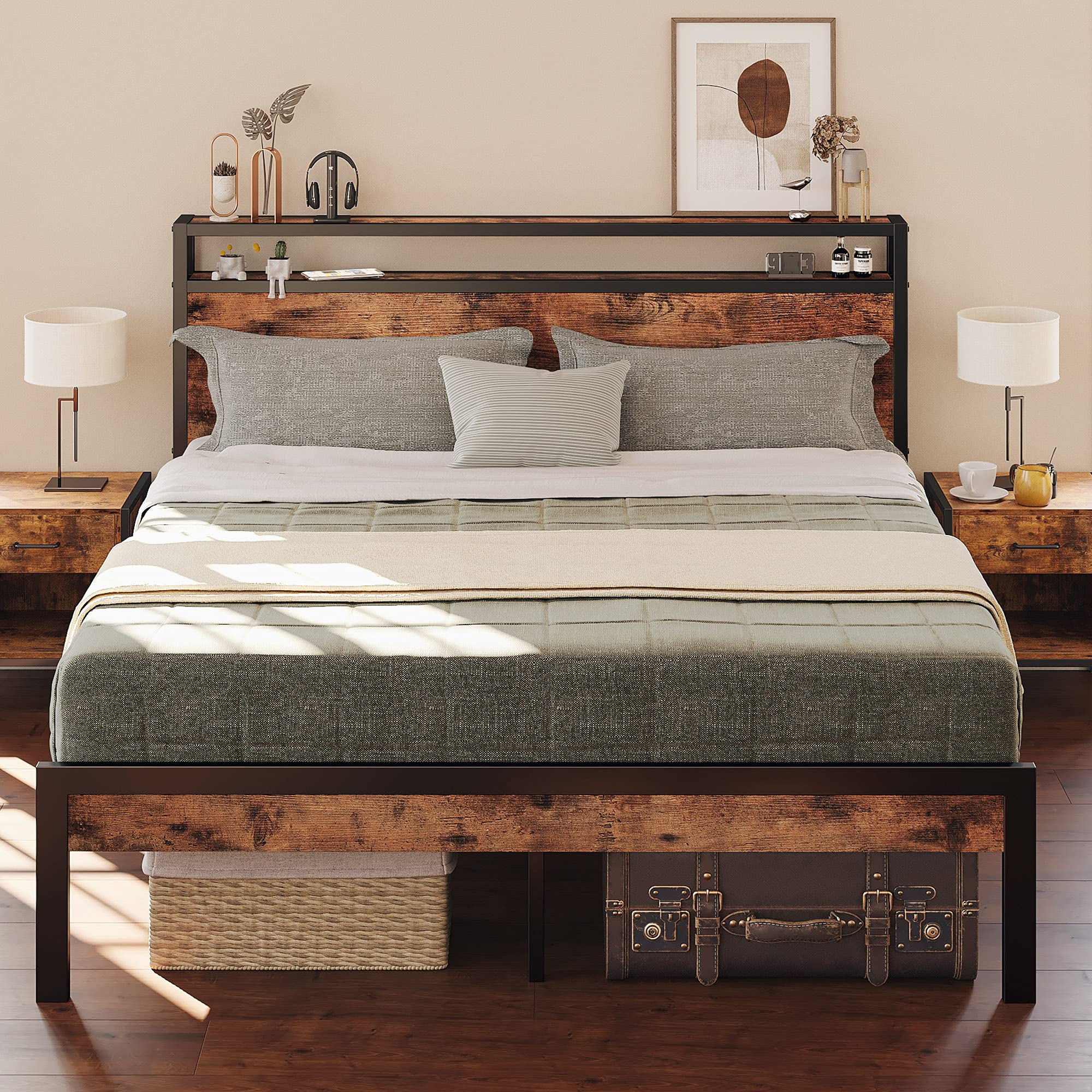 Queen Bed Frame, Platform Bed Frame with 2-Tier Storage Headboard and Strong Support Legs,