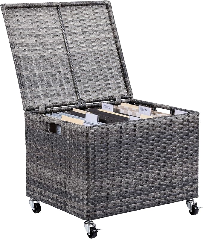 Rolling File Box - Storage Cabinet with Wheels - Weatherproof Rattan-Style Resin Deck Chest