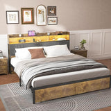 Queen Size Bed Frame With 2-tier Storage Headboard with 2 Storage Drawers and 6