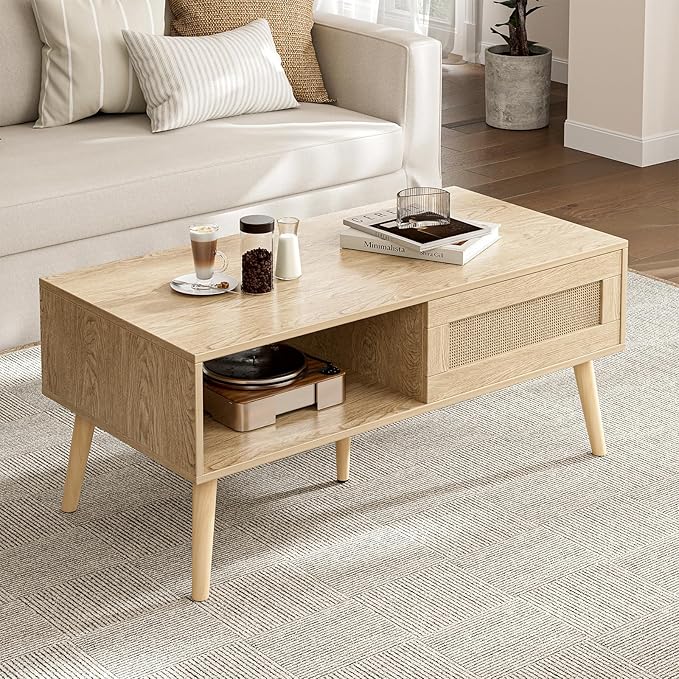 Coffee Table with Storage, Boho Dining Table with Sliding Rattan Door Panel
