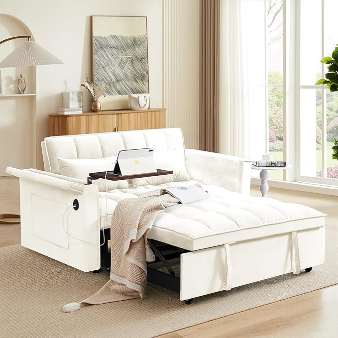 3-in-1 Pull Out Velvet Sofa Bed, Adjustable Backrest Tufted Velvet Love Seat Couch