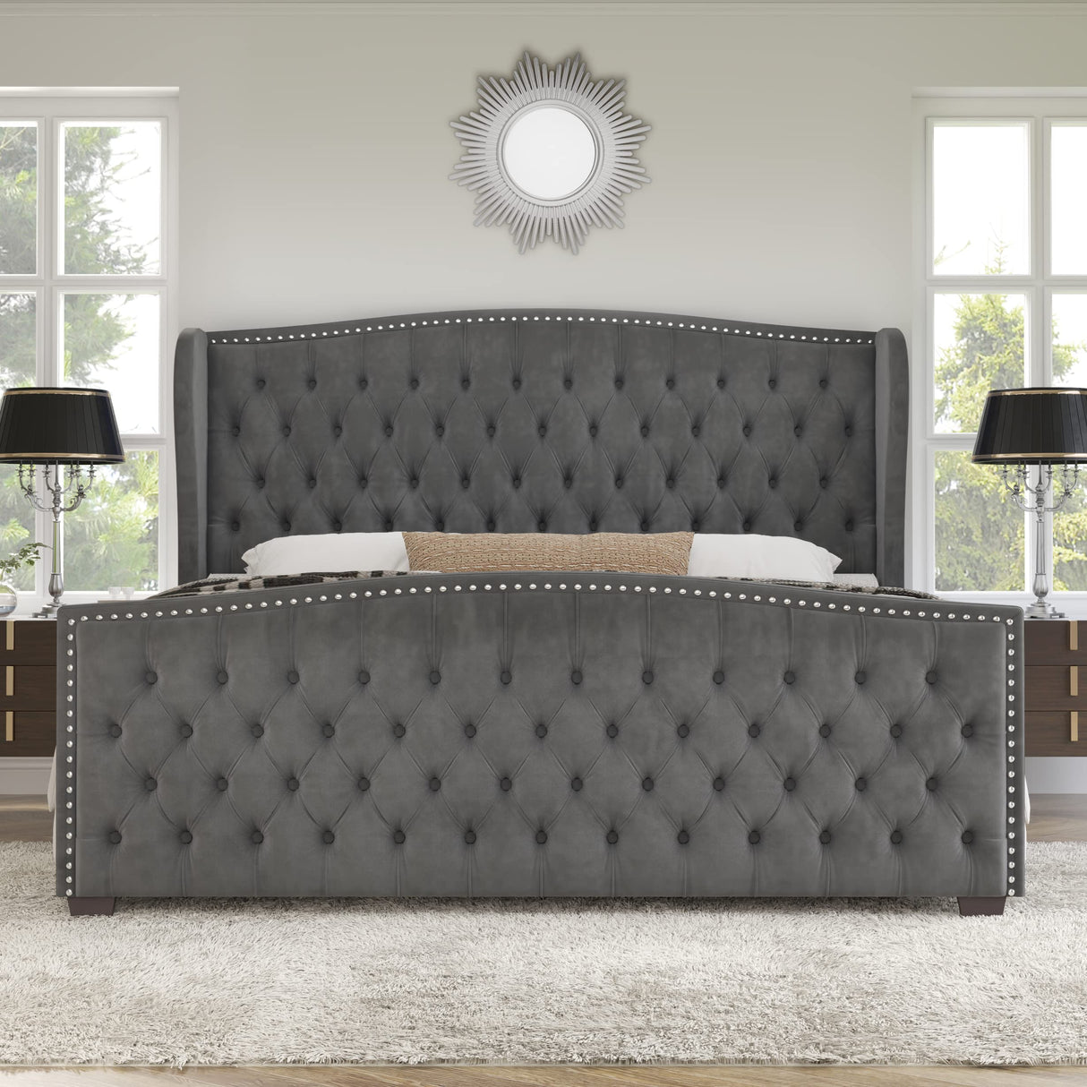 Queen Size Platform Bed Frame, Velvet Upholstered Bed with Deep Button Tufted & Nailhead Trim Wingback Headboard/No Box Spring Needed/Grey