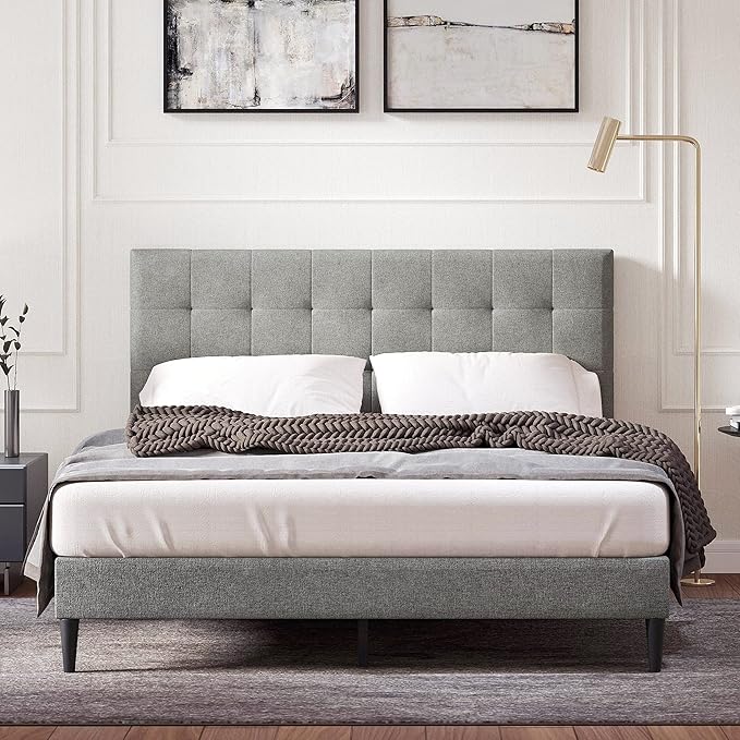 Kaya Upholstered Platform Bed Frame/Buttonless Tufting/Mattress Foundation/Wood Slat Support/No Box Spring Needed/Easy Assembly, Gray, King