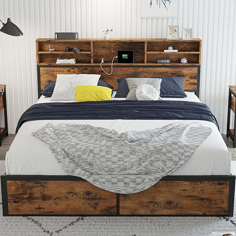 Queen Bed Frame with Tall Bookcase Headboard and Charging Station, Sturdy and No