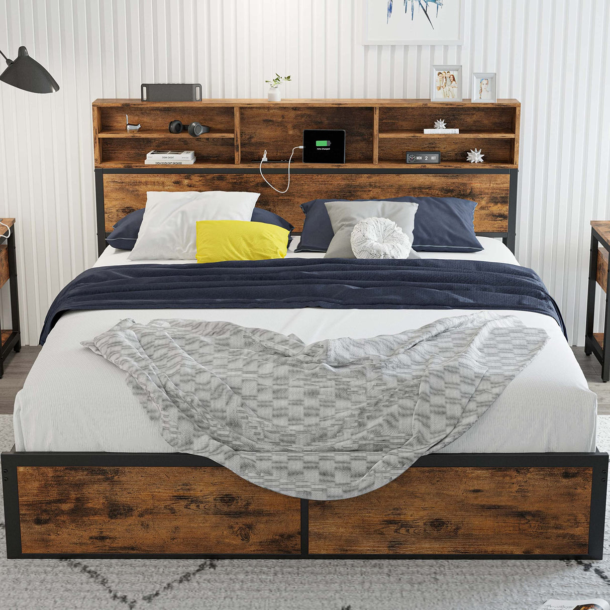 Queen Bed Frame with Tall Bookcase Headboard and Charging Station, Sturdy and No