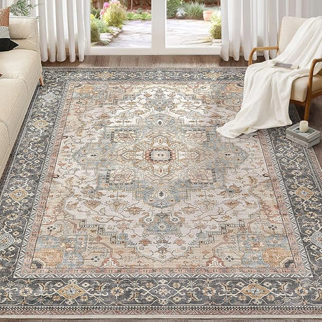 Washable Area Rugs for Living Room - 9x12 Neutral Vintage Distressed Floral Farmhouse