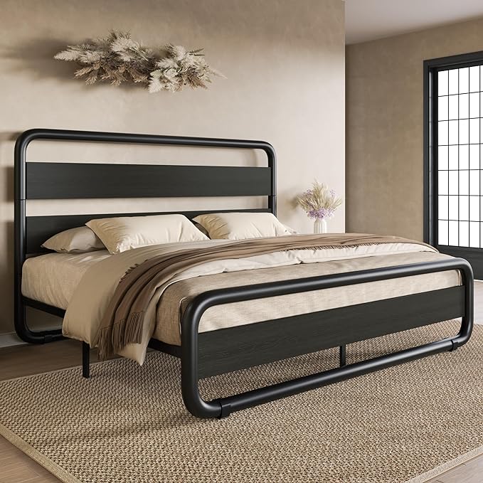 Full Size Metal Bed Frame with Wooden Headboard and Footboard, Heavy Duty Oval