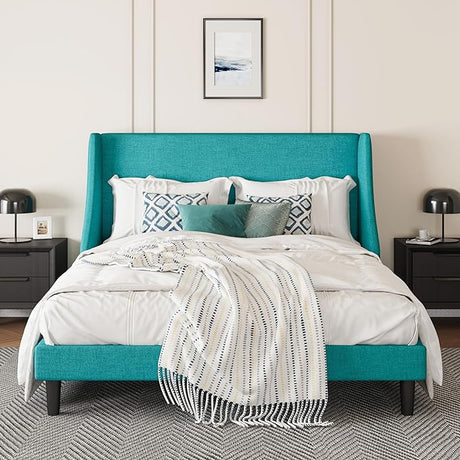 Upholstered Bed Frame Queen Size with Streamlined Wingback Headboard,