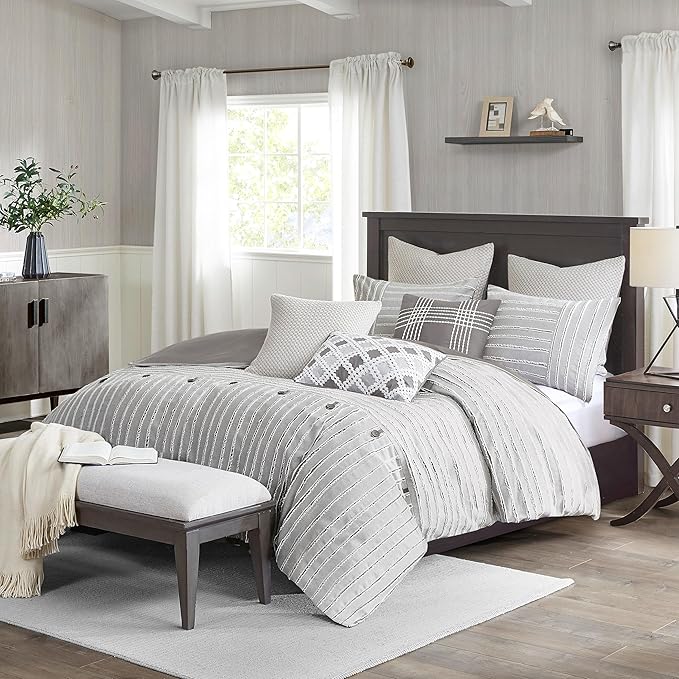 King Comforter Set Clipped Jacquard Stripes with Buttons Boho Comforter for a King