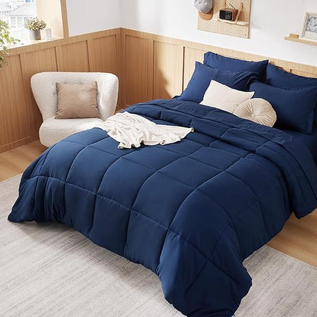 Navy King Comforter Set - 7 Pieces Solid King Bed in a Bag