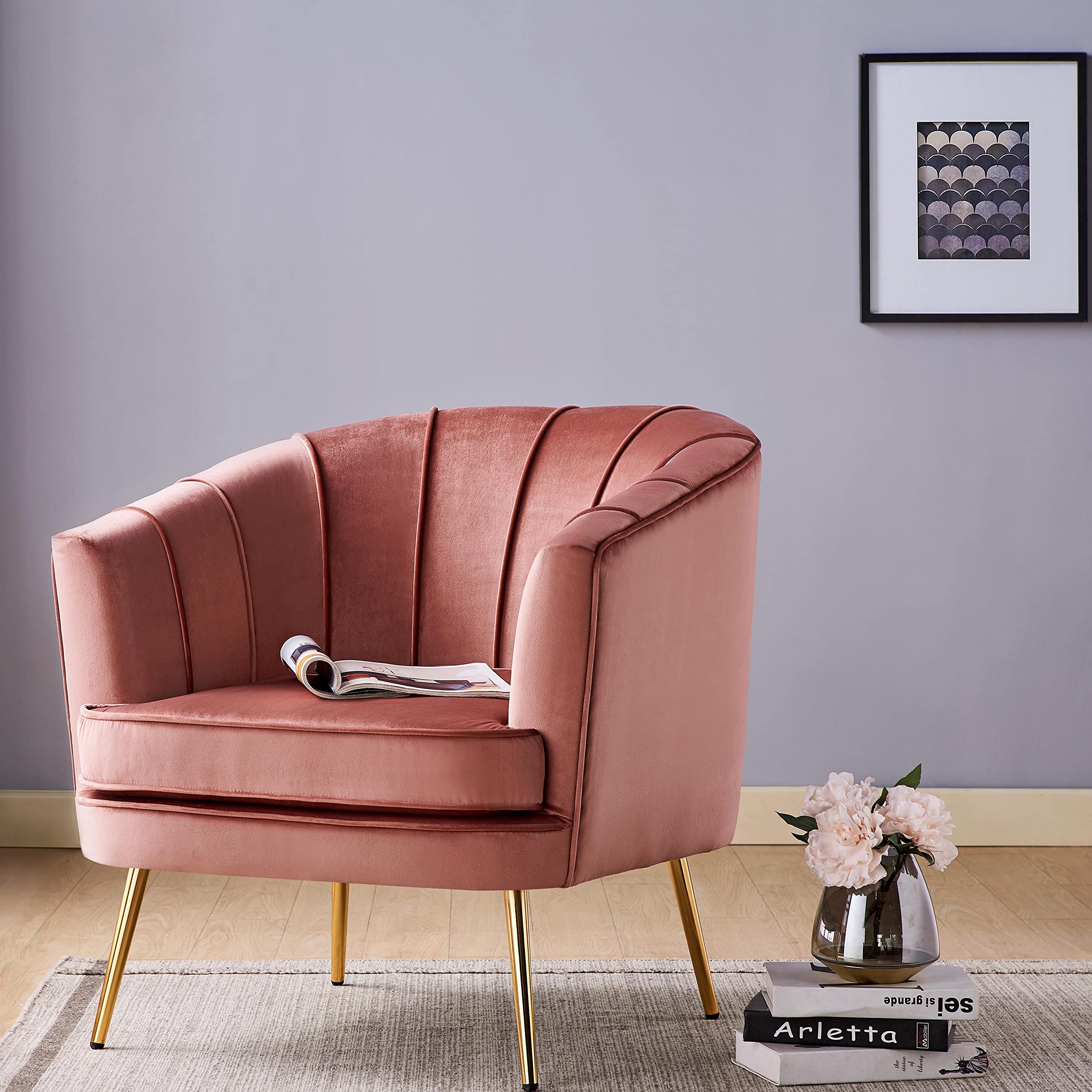 Inside + Out McCance Mid-Century Velvet Upholstered Accent Chair for ‎Living Room, Bedroom, Vintage Rose