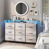 White Dresser with LED Light for Bedroom 9 Drawer Dressers with Charging Station