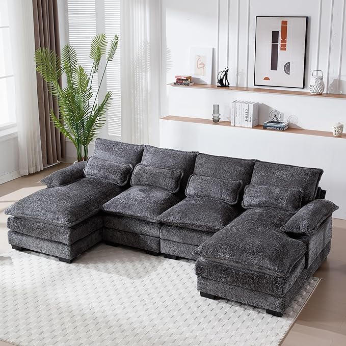 CloudNest 110" U-Shaped Chenille Sectional Sofa – Soft Plush Couch with Pillows