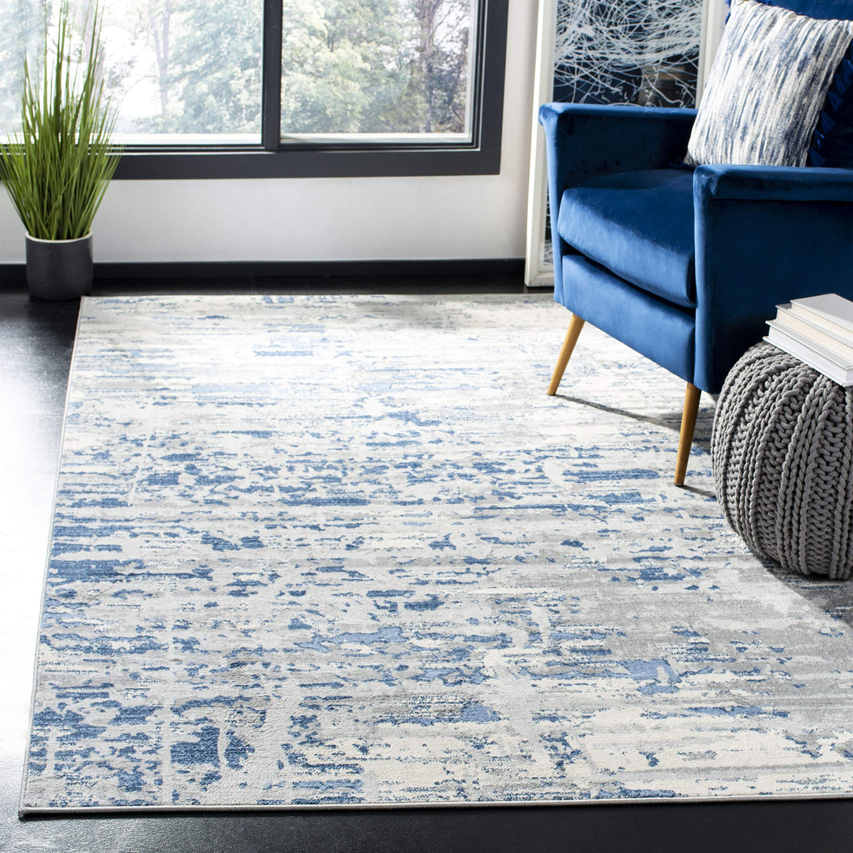 Jasper Collection Accent Rug - 2' x 4', Ivory & Blue, Modern Abstract Design