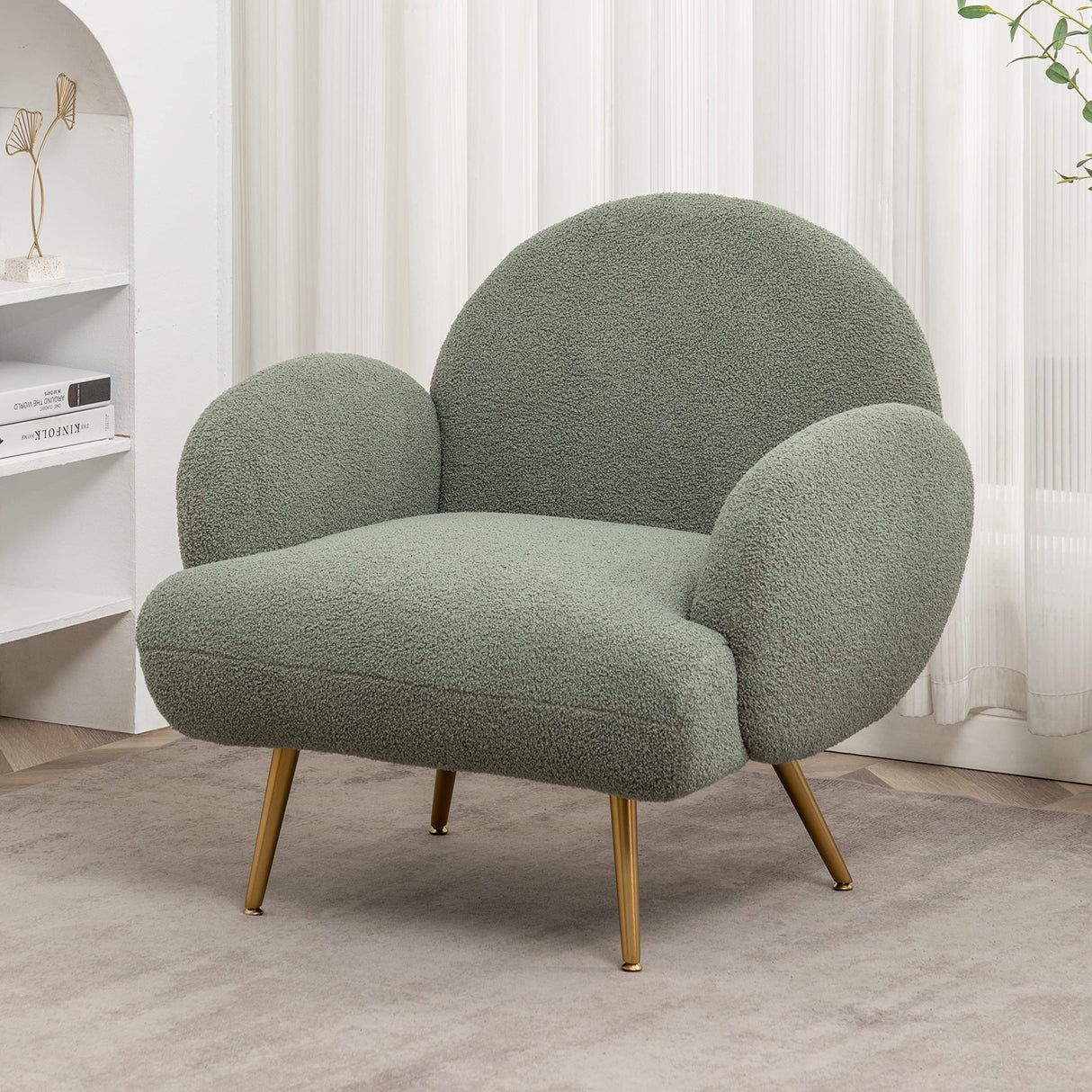 AISALL Accent Chair Green with Golden Metal Legs,Reading Chair for Bedroom Comfy, Boucle Sherpa Chair for Living Room, Bedroom, Side Chair