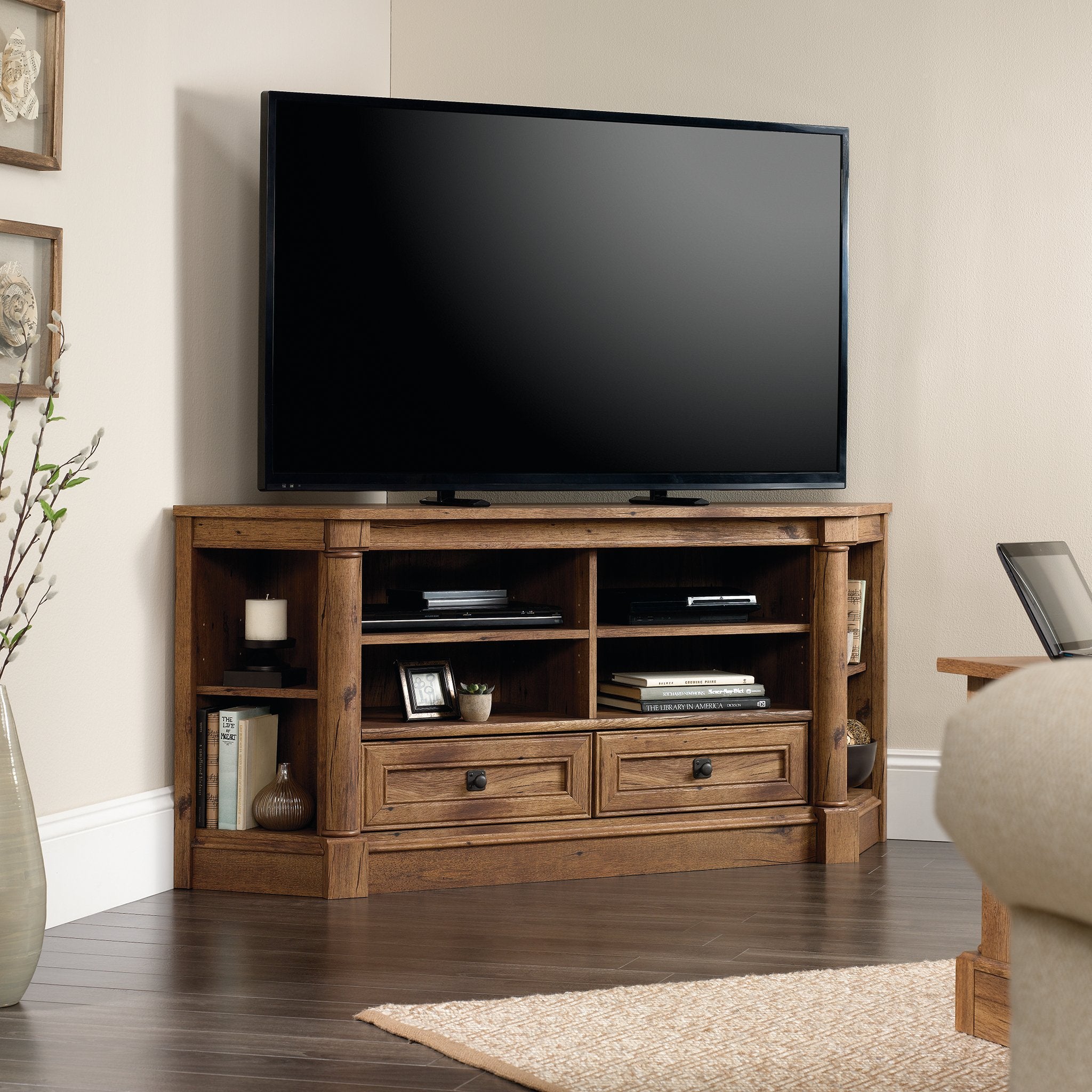 Palladia Corner TV Stand Console Entertainment Credenza, in Vintage Oak