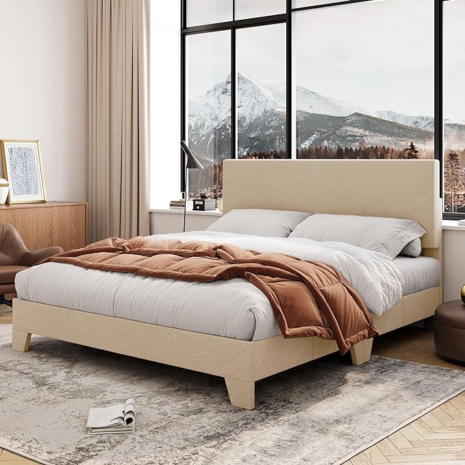 Full Size Bed Frame with Adjustable Headboard, Faux Leather Platform Bed with Wood