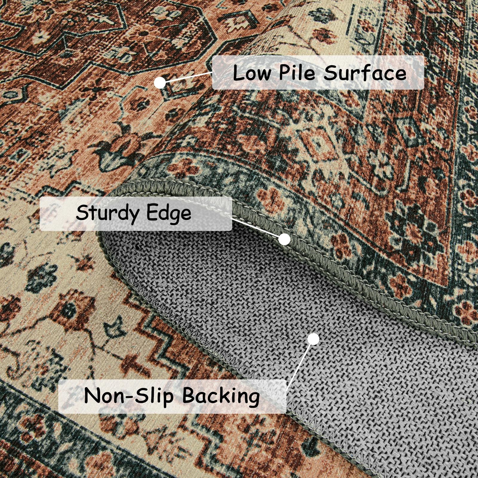 8x10 Ultra-Thin Vintage Area Rug - Oriental Print for Bedroom, Living Room