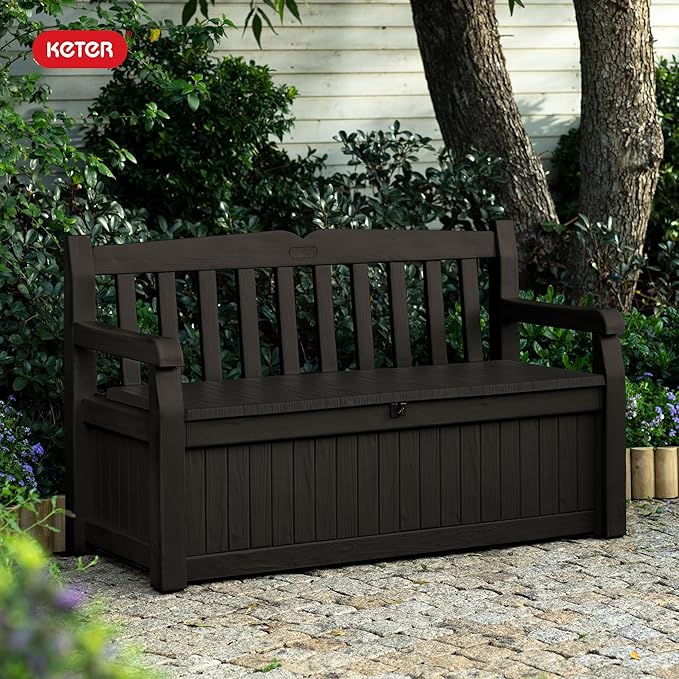 Gallon Storage Bench Deck Box for Patio Storage, Front Porch Decor and Outdoor Seating